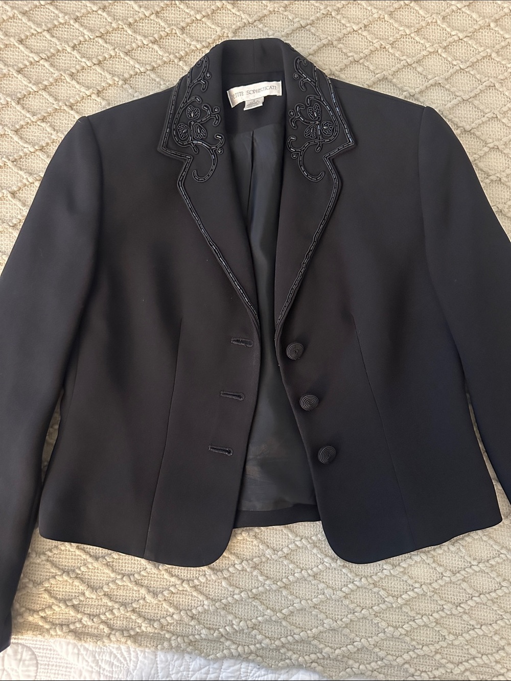 Petite Sophisticate Black Embroidered Collar Blazer